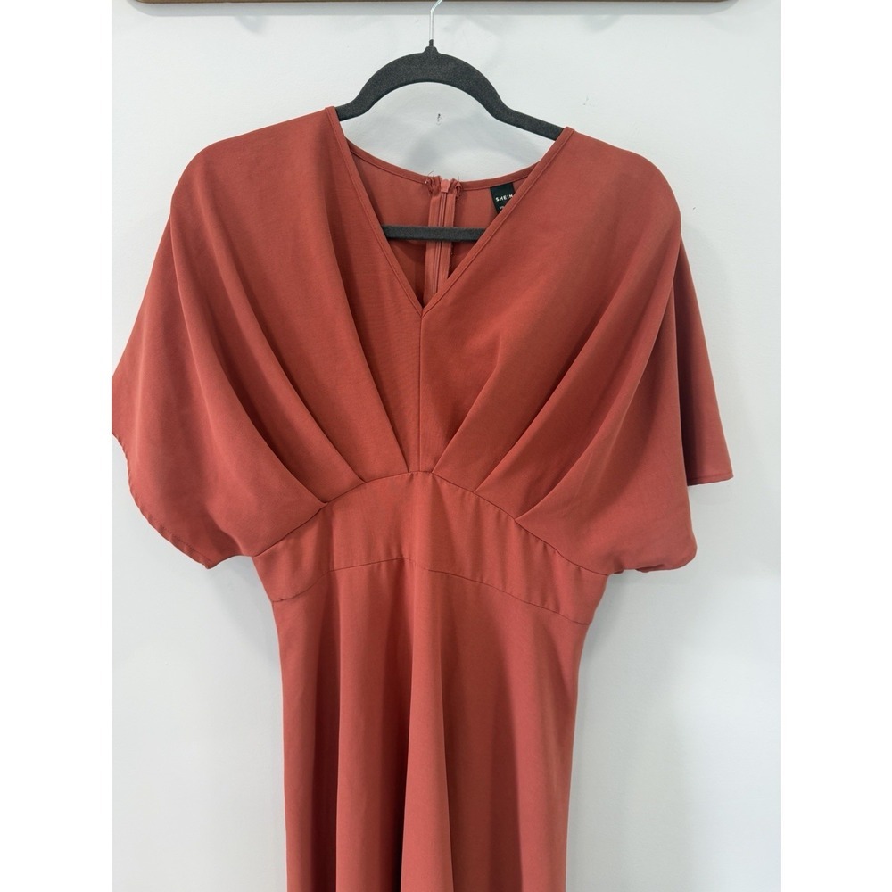 Shein Burnt Orange Maxi Dress Ruched Back Flare Sleeve Boho Style Size 6 Flowy - Picture 2 of 9